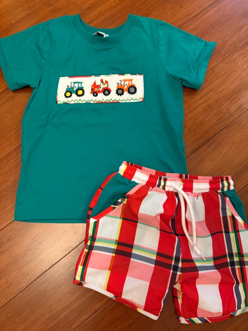 Kids Teal Tractor Smocked Set - Brand busy bee smocks